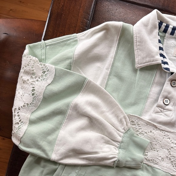 Free People Mint Green White and Navy Lace-Trim Rugby Pullover - Picture 4 of 5